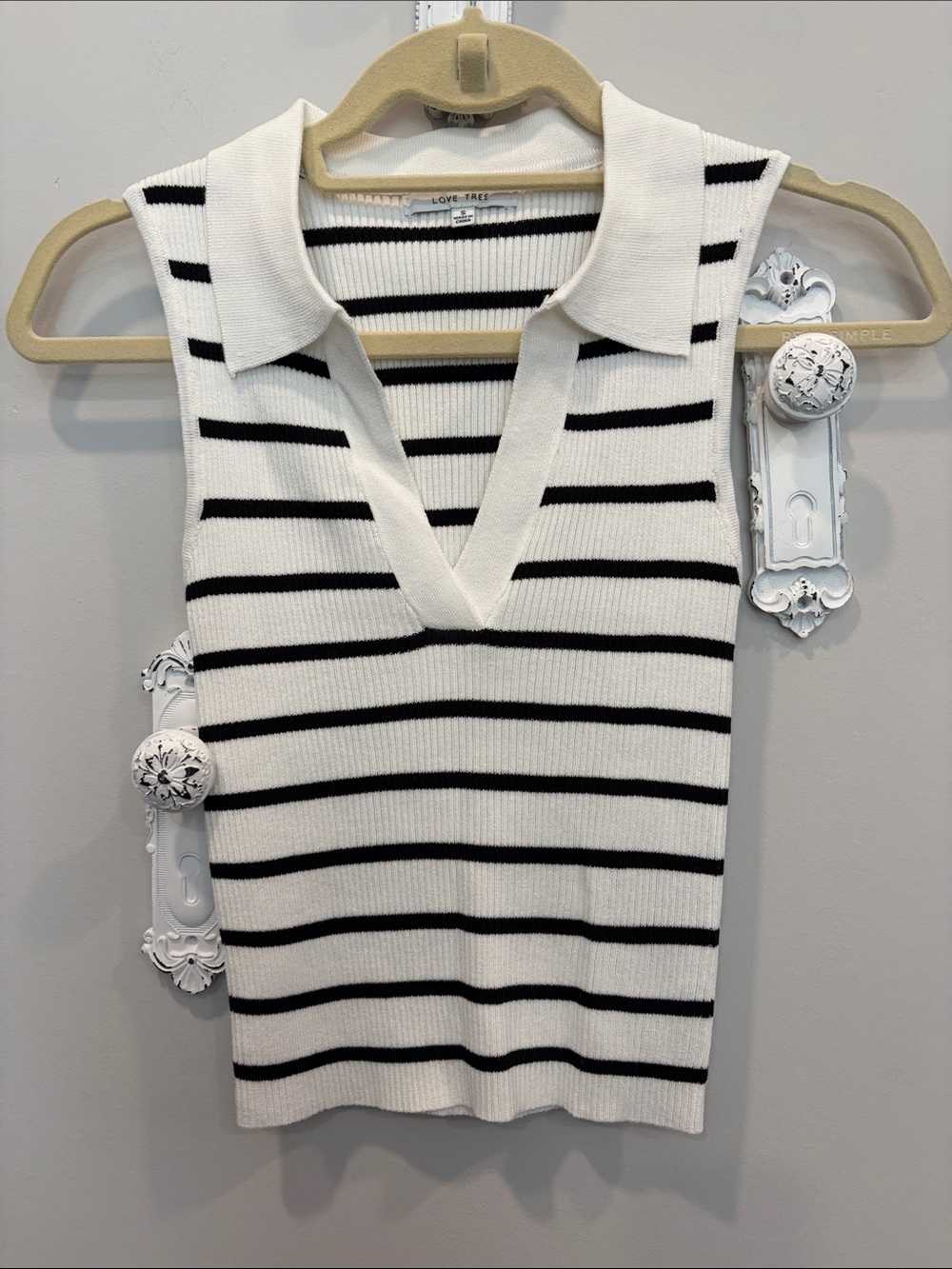 Love Tree Black & White Striped Collared V-Neck Tank